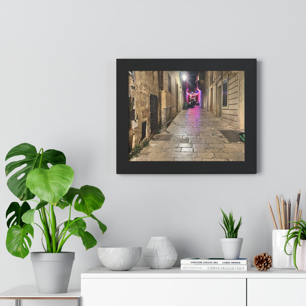 Framed Poster — Cobblestone Alley Night Street Photography Print