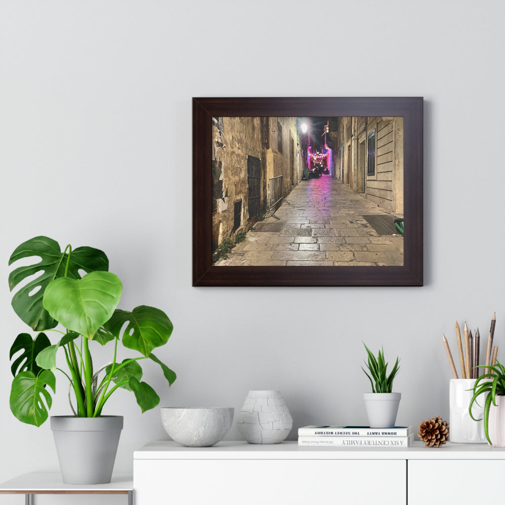 Framed Poster — Cobblestone Alley Night Street Photography Print