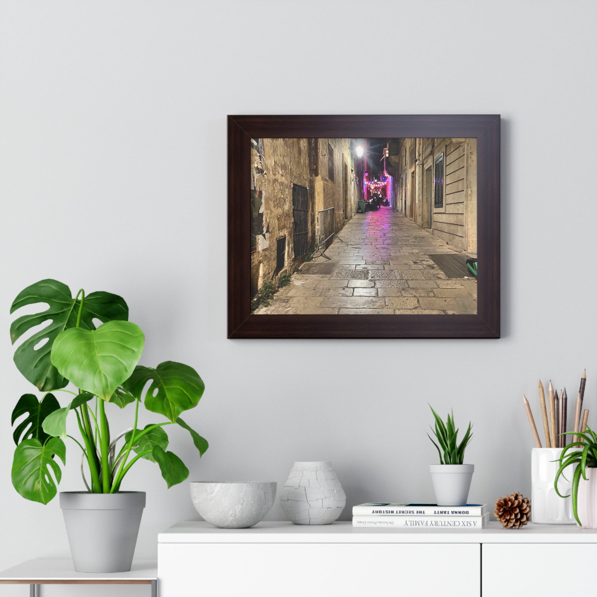 Framed Poster — Cobblestone Alley Night Street Photography Print