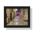 Framed Poster — Cobblestone Alley Night Street Photography Print