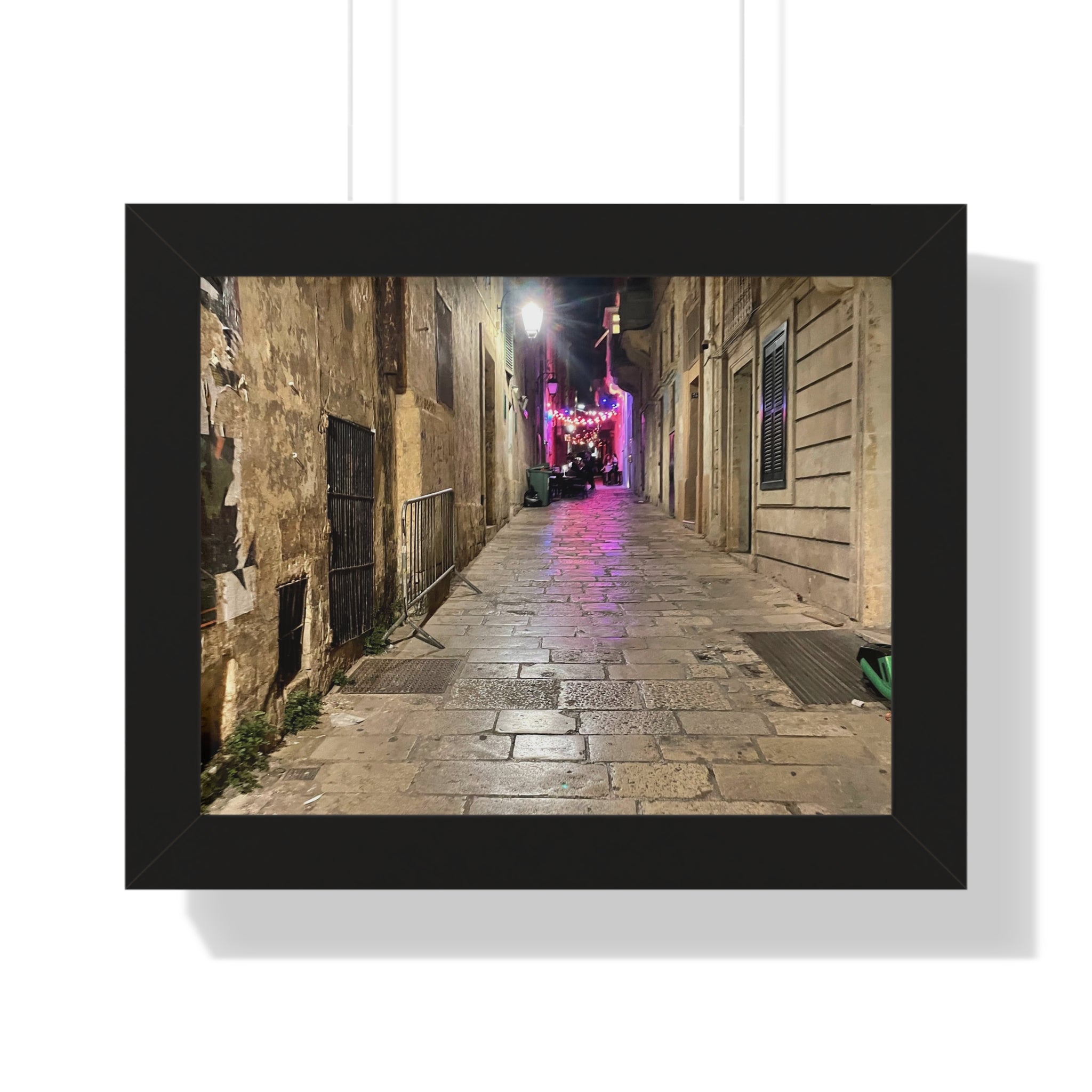 Framed Poster — Cobblestone Alley Night Street Photography Print
