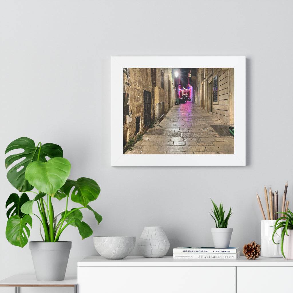 Framed Poster — Cobblestone Alley Night Street Photography Print